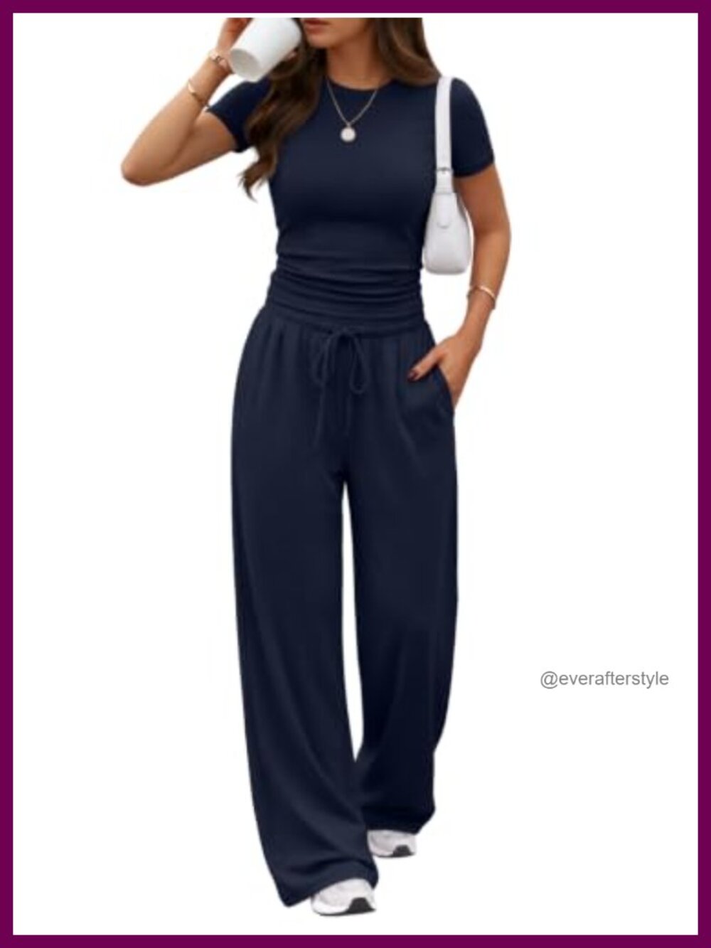 2 Piece Lounge Set Wide Leg Pants Short Sleeve Crop Top Pockets